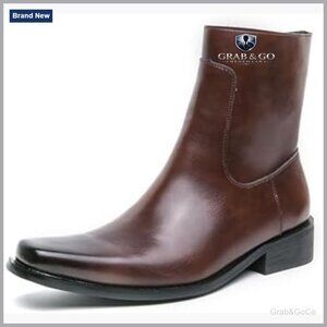 Men's Leather Chelsea Boots with Chunky Heel Square Toe Pull On Side Zipper